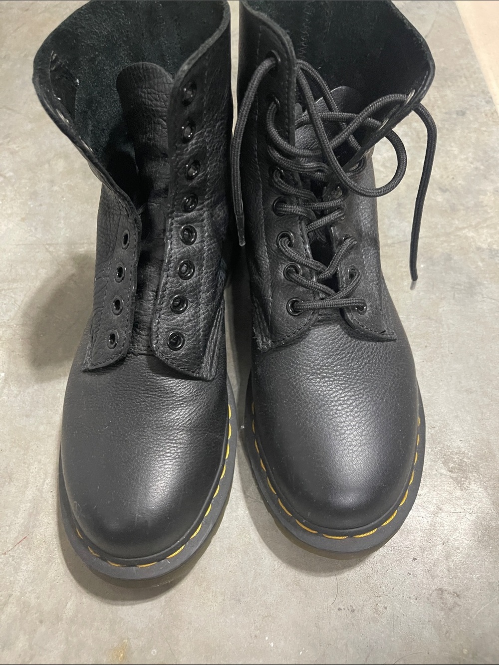 Dr. Martens Black Leather Lace-Up Boots with Yellow Stitching
